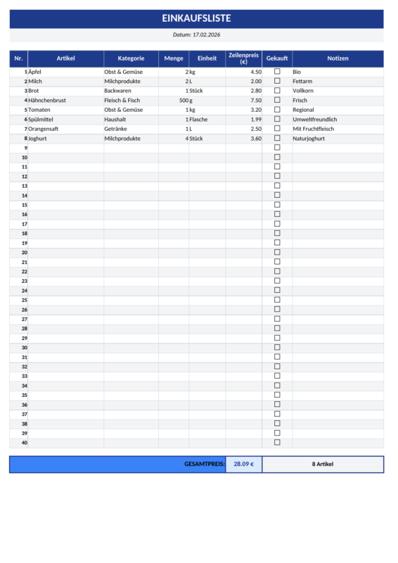Einkaufsliste – Vorschau der überarbeiteten Excel-Datei vom 8. Oktober 2026