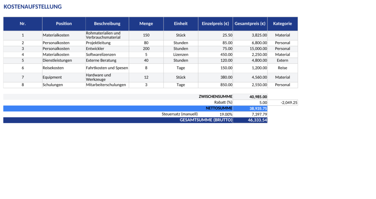 Positionen, Rabatt und Steuer — Vorschau der am 9. Oktober 2026 überarbeiteten Excel-Datei
