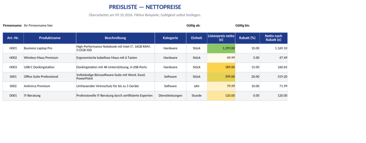 Preisliste mit Rabatt — Vorschau der am 9. Oktober 2026 überarbeiteten Excel-Datei