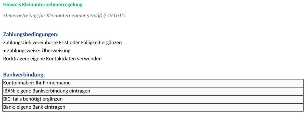 Steuerbefreiung, Zahlungsbedingungen und Bankfelder — Vorschau der am 15. Oktober 2026 geprüften Excel-Datei