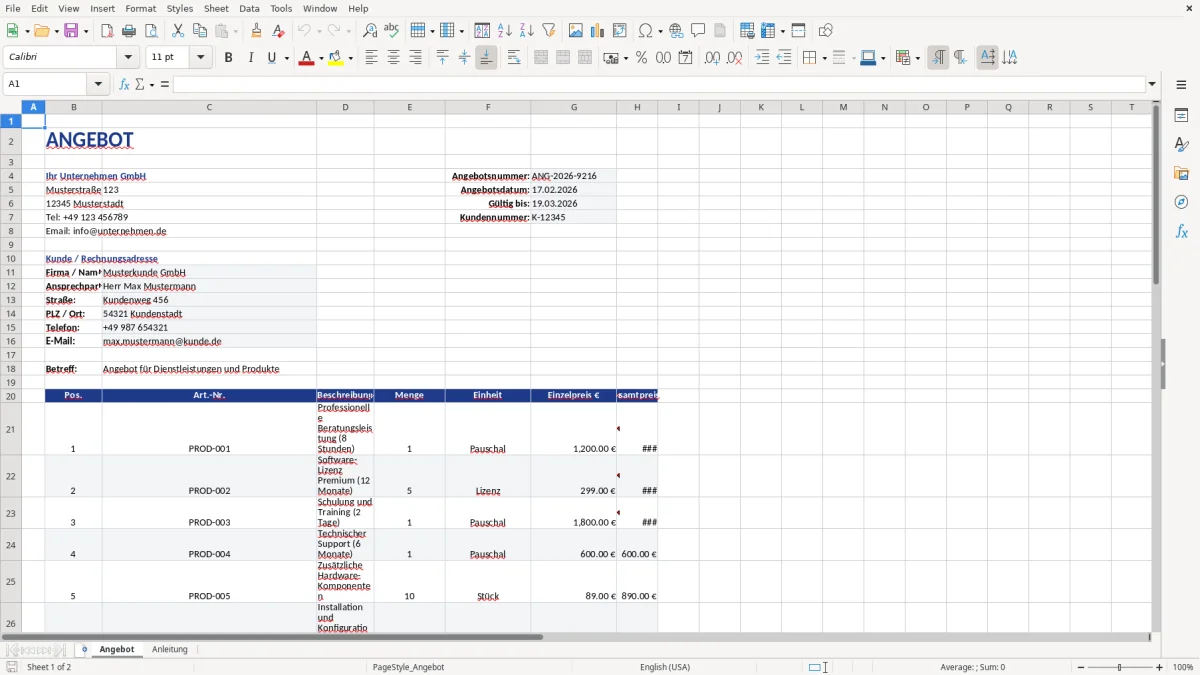 Abbildung 1: Tabellenblatt Angebot - angebot vorlage excel Excel-Vorlage