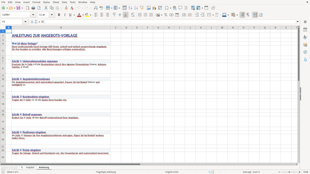 Abbildung 2: Tabellenblatt Anleitung - angebot vorlage excel Excel-Vorlage