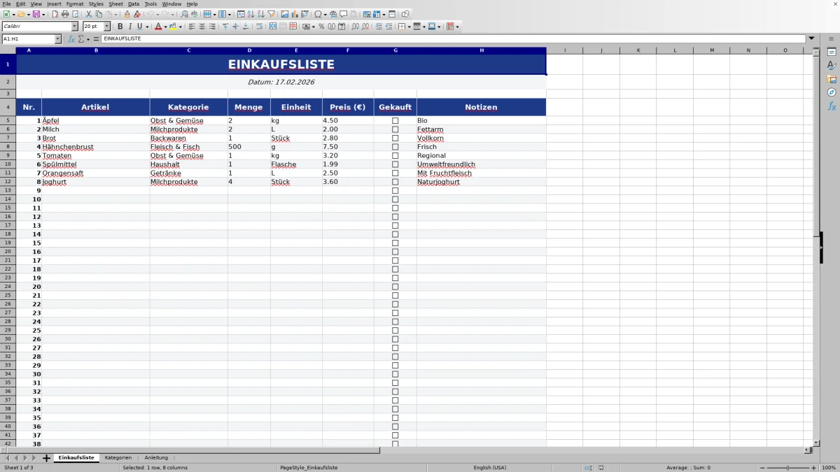 Abbildung 1: Tabellenblatt Einkaufsliste - einkaufsliste vorlage excel Excel-Vorlage