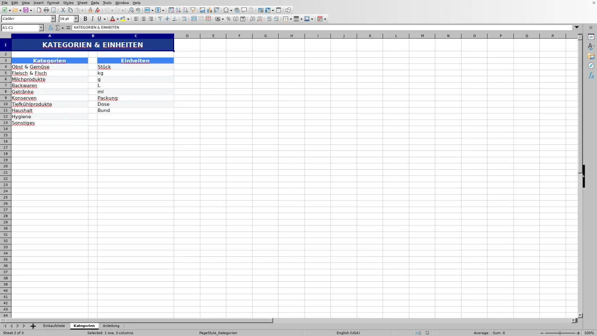 Abbildung 2: Tabellenblatt Kategorien - einkaufsliste vorlage excel Excel-Vorlage