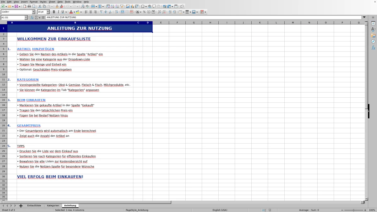 Abbildung 3: Tabellenblatt Anleitung - einkaufsliste vorlage excel Excel-Vorlage
