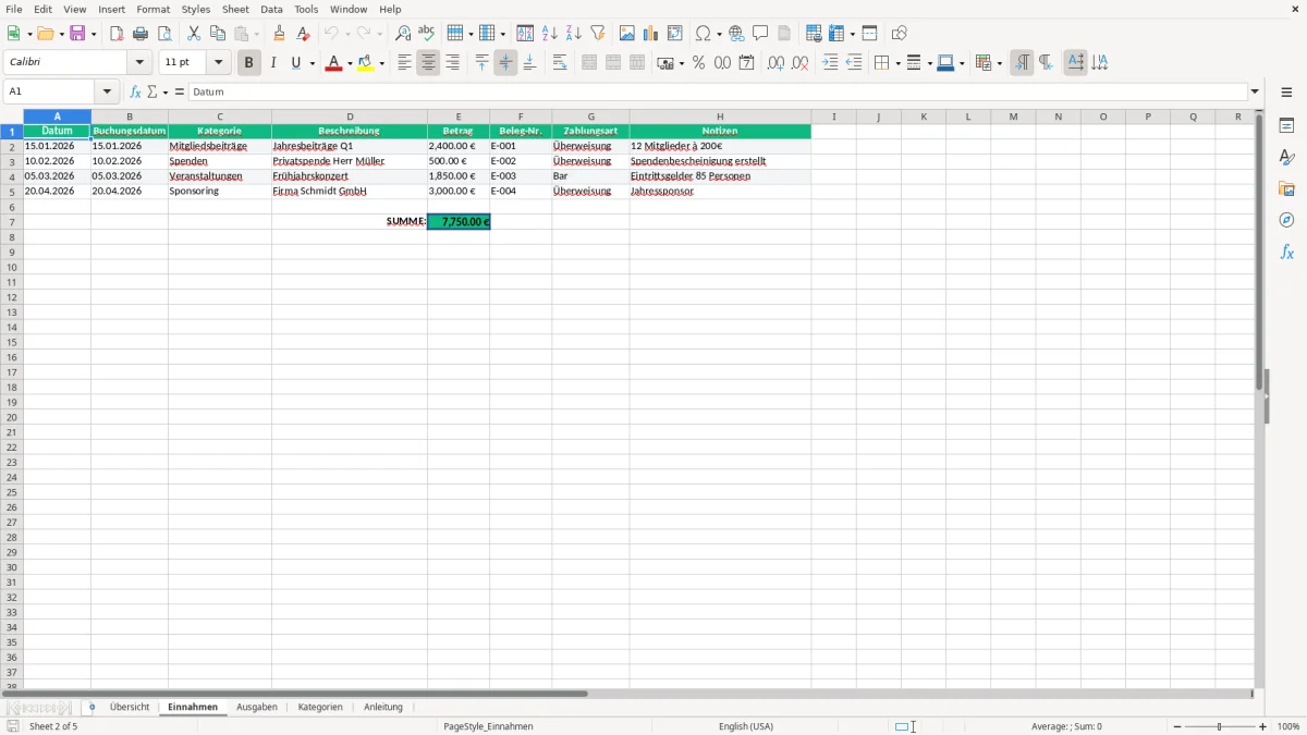Abbildung 2: Tabellenblatt Einnahmen - einnahmen-ausgaben verein excel vorlage Excel-Vorlage