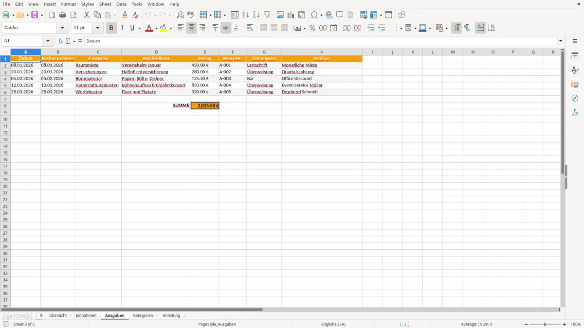 Abbildung 3: Tabellenblatt Ausgaben - einnahmen-ausgaben verein excel vorlage Excel-Vorlage
