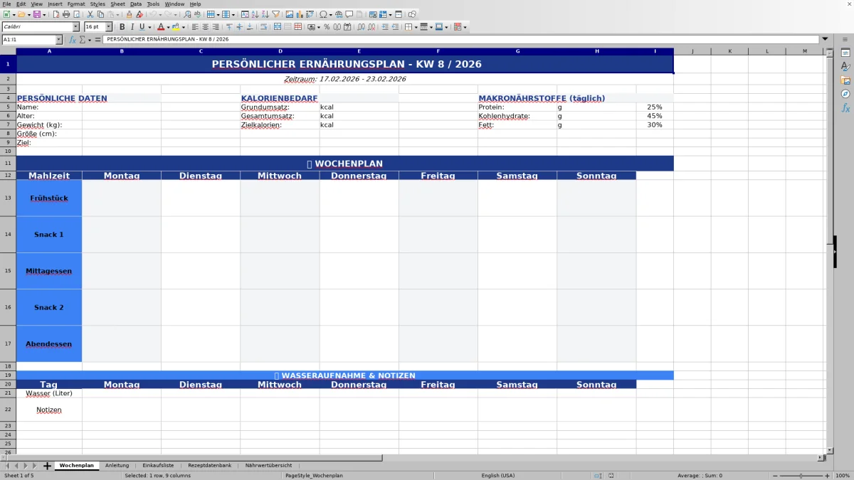 Abbildung 1: Tabellenblatt Wochenplan - ernährungsplan vorlage excel Excel-Vorlage