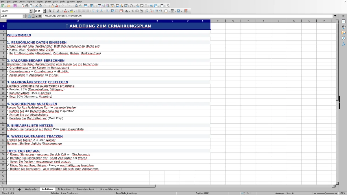 Abbildung 2: Tabellenblatt Anleitung - ernährungsplan vorlage excel Excel-Vorlage