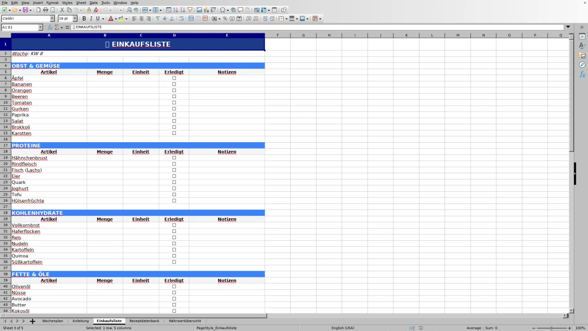 Abbildung 3: Tabellenblatt Einkaufsliste - ernährungsplan vorlage excel Excel-Vorlage
