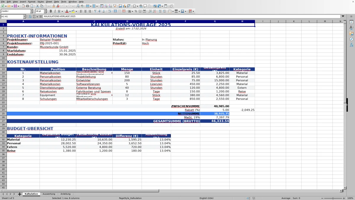 Abbildung 1: Tabellenblatt Kalkulation - excel kalkulation vorlage Excel-Vorlage
