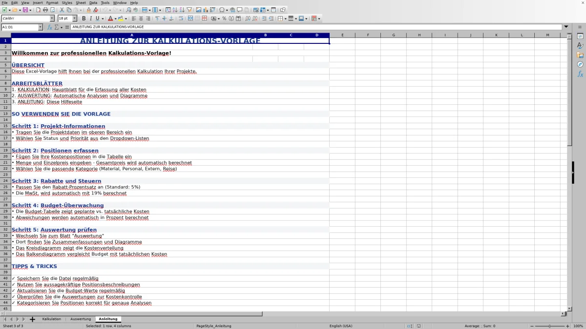 Abbildung 3: Tabellenblatt Anleitung - excel kalkulation vorlage Excel-Vorlage
