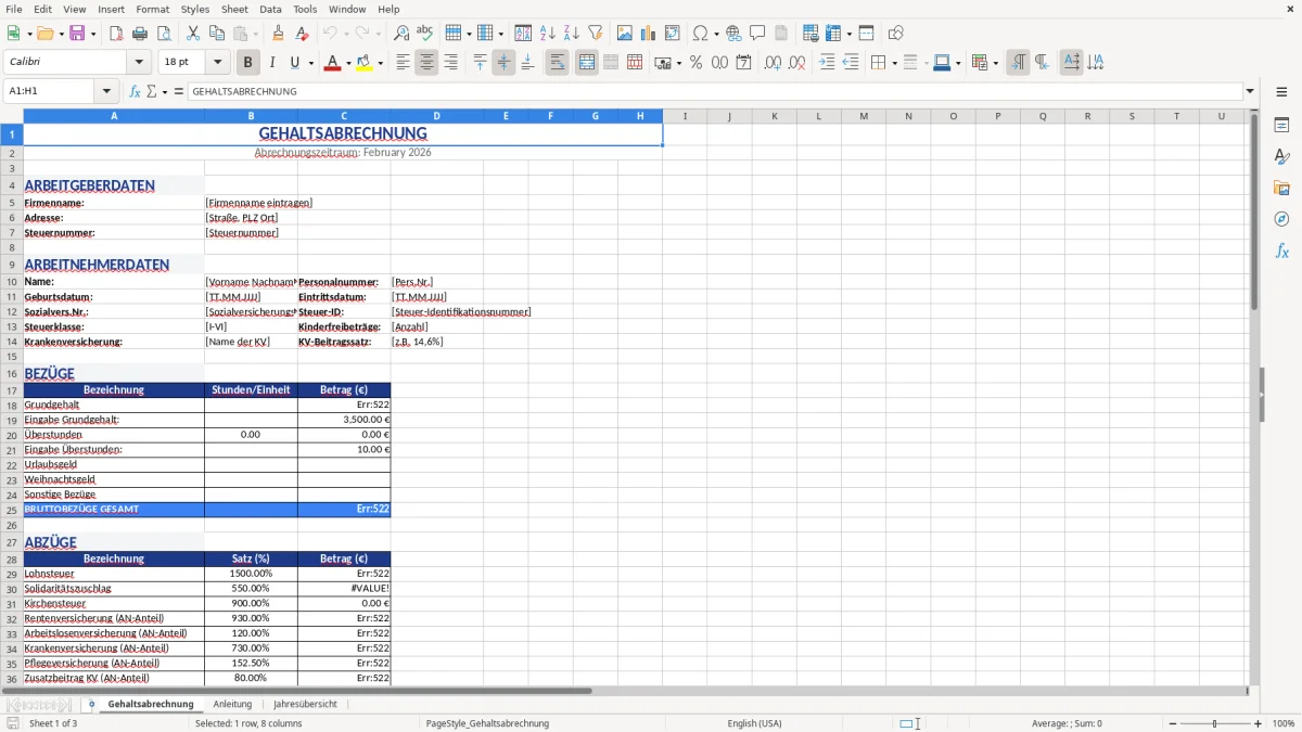 Abbildung 1: Tabellenblatt Gehaltsabrechnung - gehaltsabrechnung excel vorlage Excel-Vorlage