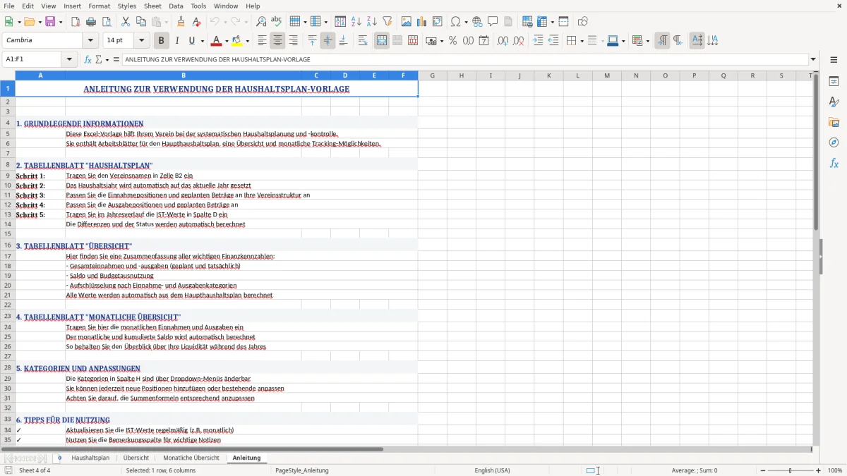 Abbildung 4: Tabellenblatt Anleitung - haushaltsplan verein excel vorlage Excel-Vorlage