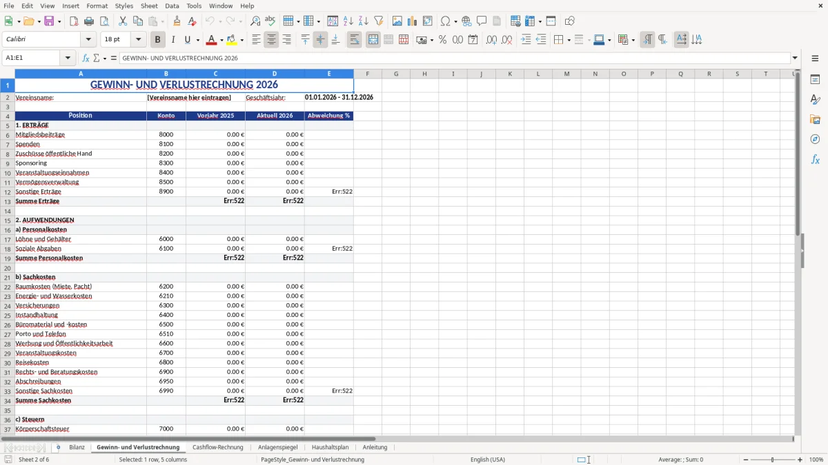 Abbildung 2: Tabellenblatt Gewinn- und Verlustrechnung - jahresabschluss verein vorlage excel Excel-Vorlage