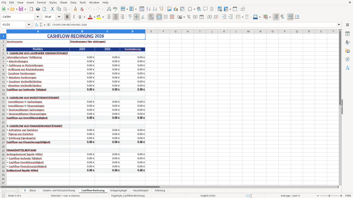 Abbildung 3: Tabellenblatt Cashflow-Rechnung - jahresabschluss verein vorlage excel Excel-Vorlage