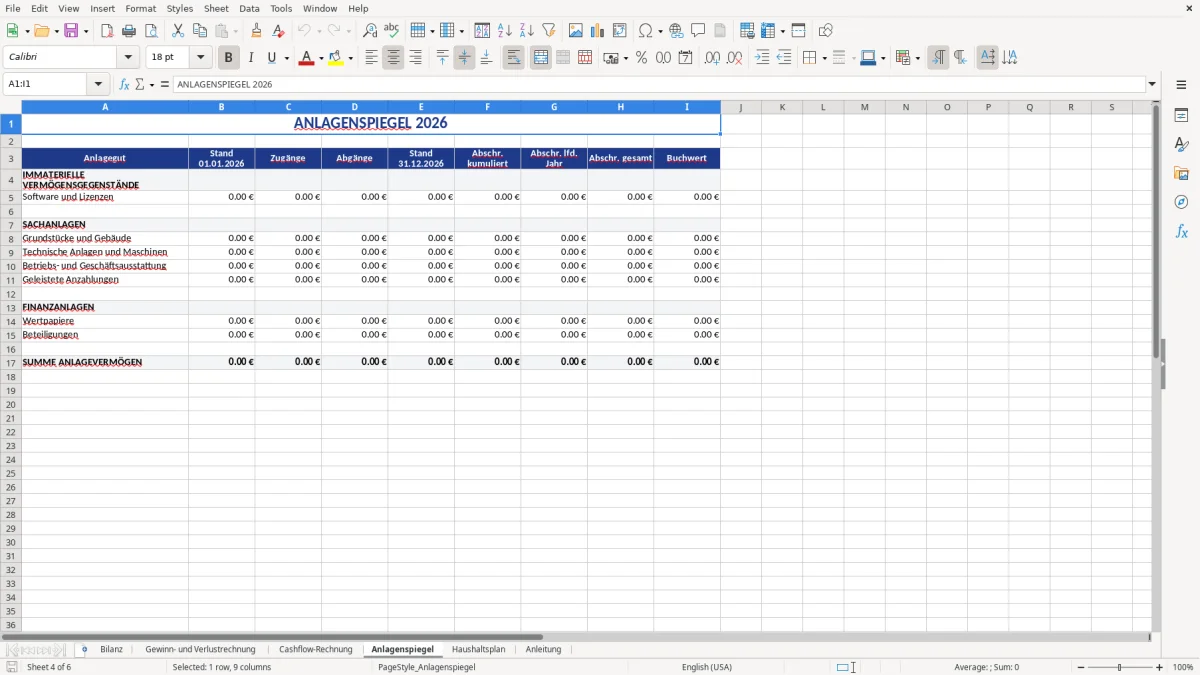 Abbildung 4: Tabellenblatt Anlagenspiegel - jahresabschluss verein vorlage excel Excel-Vorlage