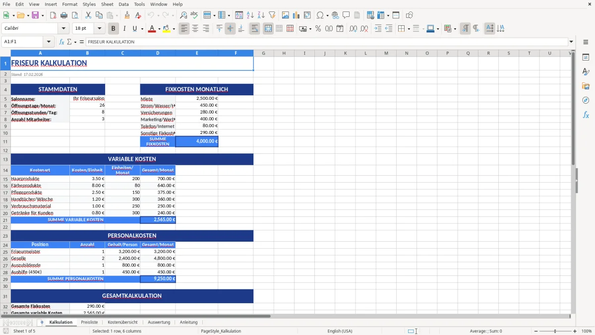Abbildung 1: Tabellenblatt Kalkulation - kalkulation friseur excel vorlage Excel-Vorlage