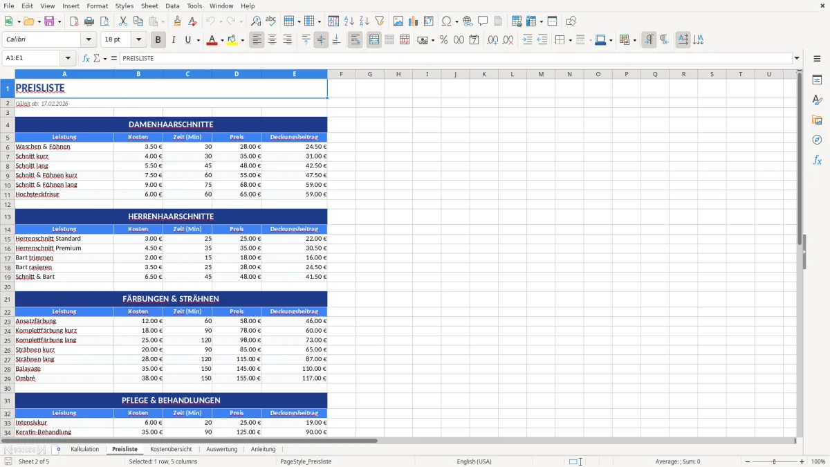 Abbildung 2: Tabellenblatt Preisliste - kalkulation friseur excel vorlage Excel-Vorlage