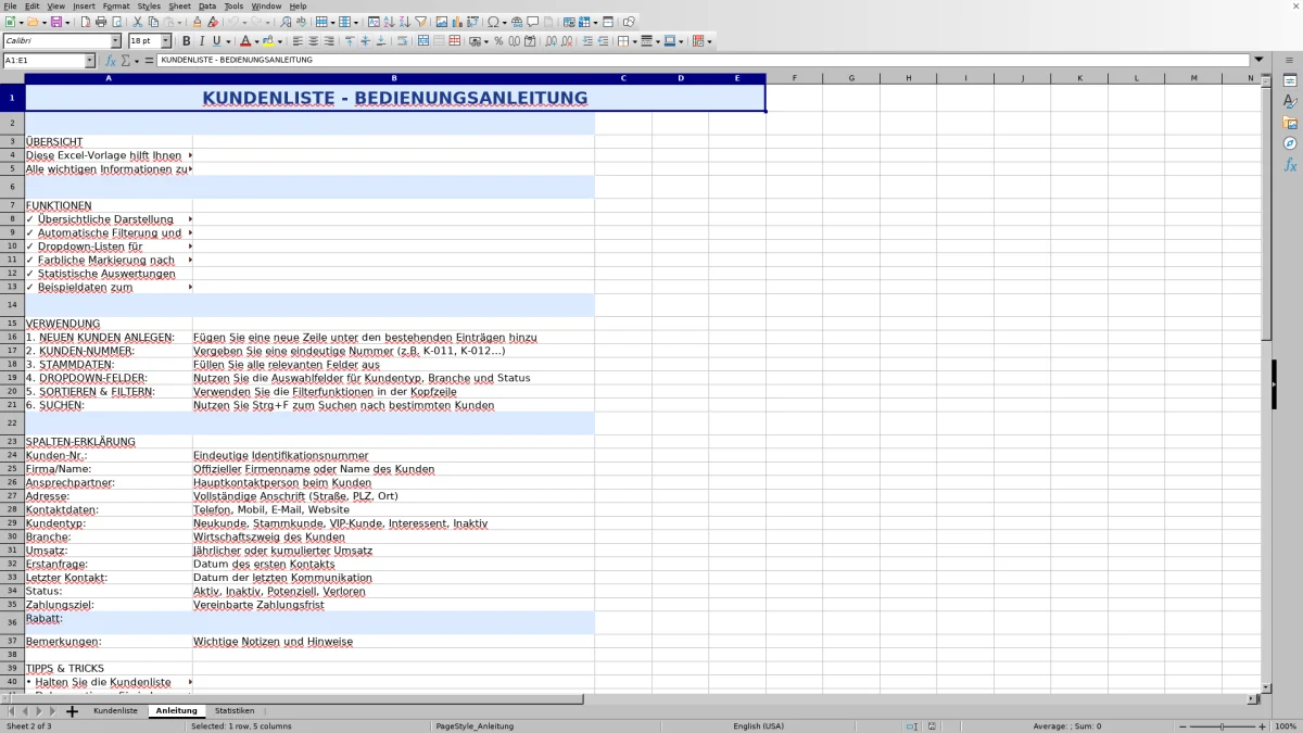 Abbildung 2: Tabellenblatt Anleitung - kundenliste excel vorlage Excel-Vorlage