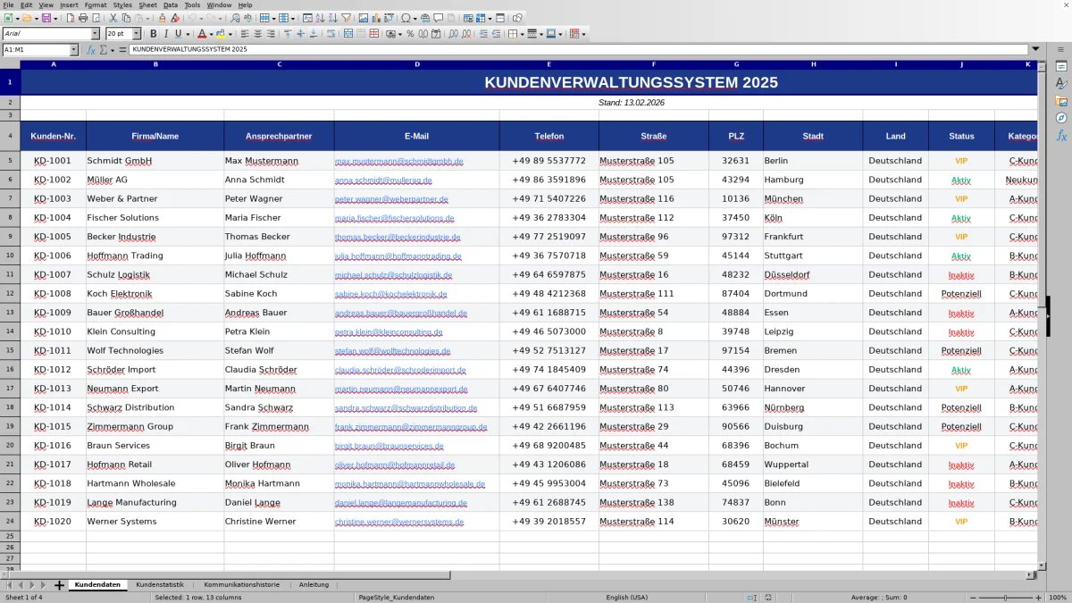 Abbildung 1: Tabellenblatt Kundendaten - kundenverwaltung excel Excel-Vorlage