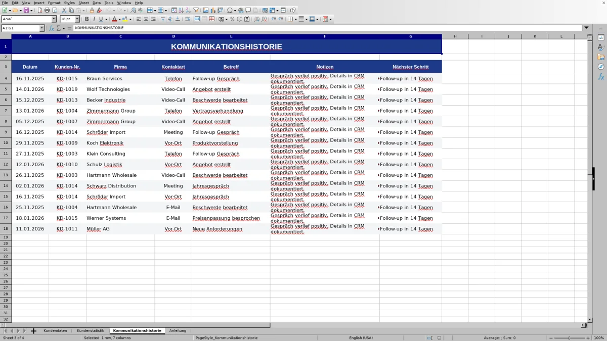 Abbildung 3: Tabellenblatt Kommunikationshistorie - kundenverwaltung excel Excel-Vorlage