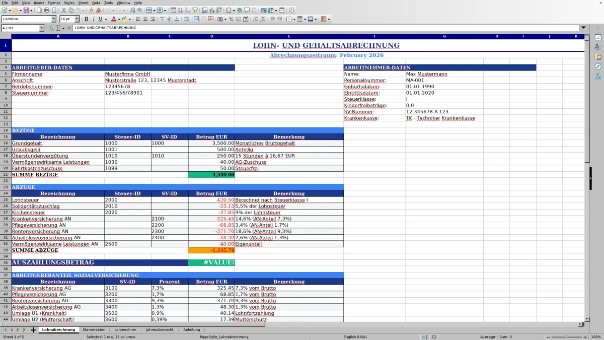Abbildung 1: Tabellenblatt Lohnabrechnung - lohnabrechnung muster datev excel Excel-Vorlage