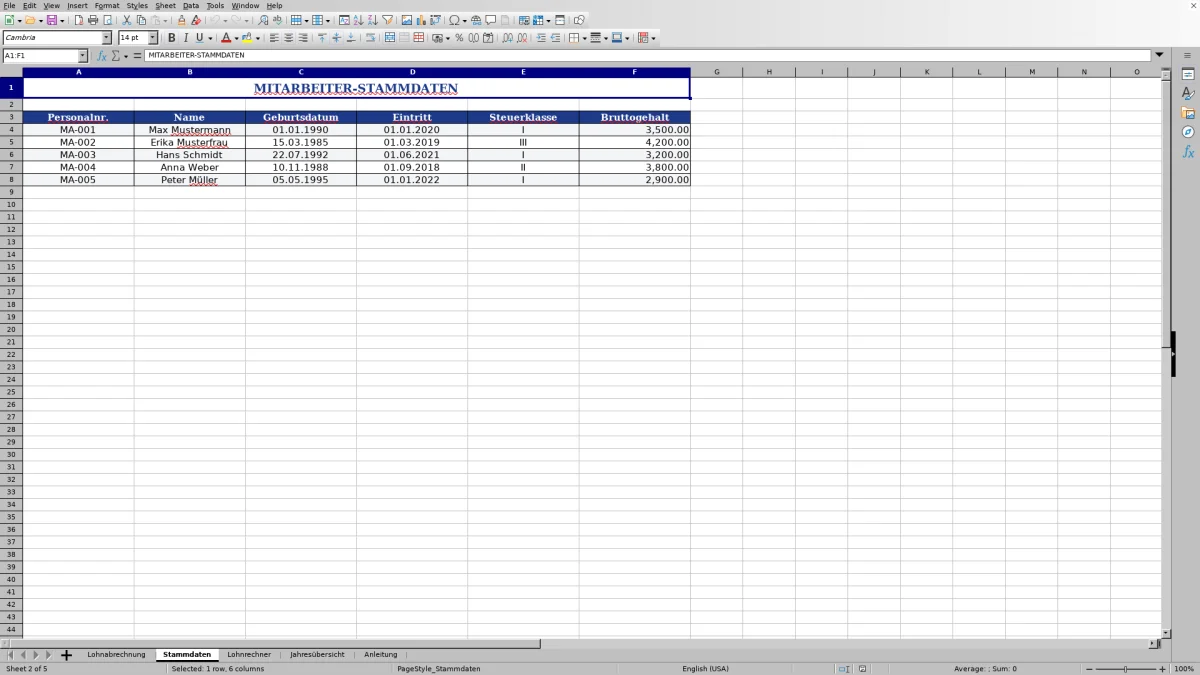 Abbildung 2: Tabellenblatt Stammdaten - lohnabrechnung muster datev excel Excel-Vorlage