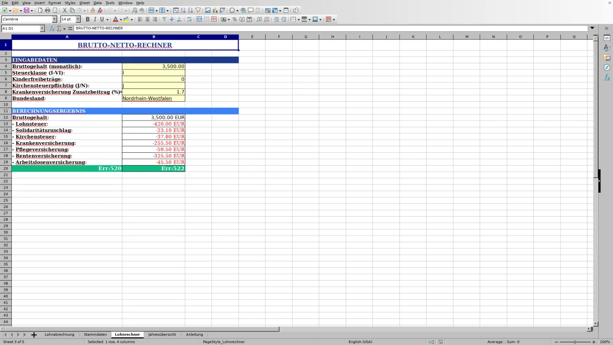 Abbildung 3: Tabellenblatt Lohnrechner - lohnabrechnung muster datev excel Excel-Vorlage
