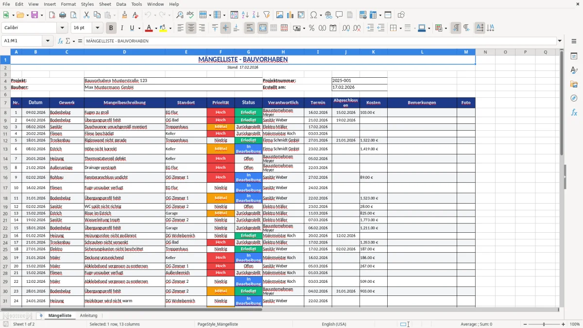 Abbildung 1: Tabellenblatt Mängelliste - mängelliste vorlage excel Excel-Vorlage
