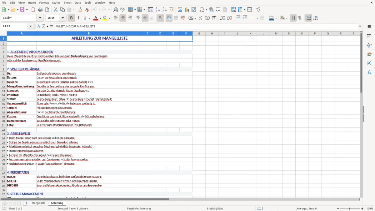 Abbildung 2: Tabellenblatt Anleitung - mängelliste vorlage excel Excel-Vorlage