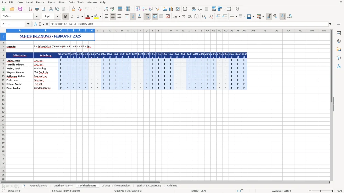 Abbildung 3: Tabellenblatt Schichtplanung - personalplanung excel vorlage Excel-Vorlage