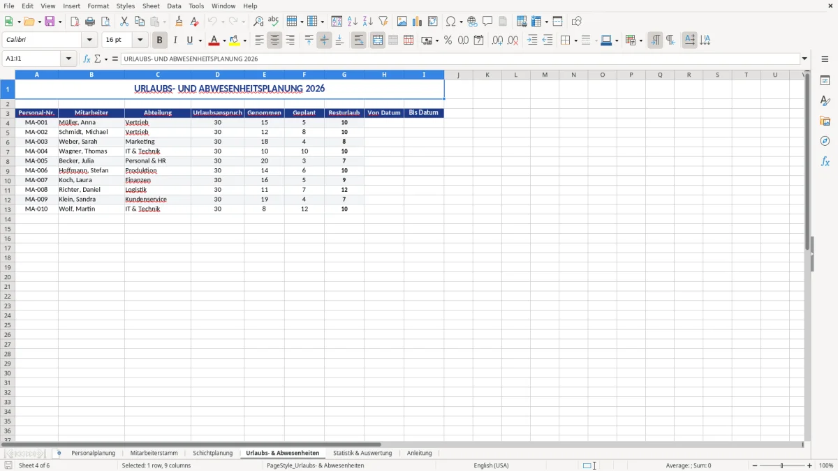 Abbildung 4: Tabellenblatt Urlaubs- & Abwesenheiten - personalplanung excel vorlage Excel-Vorlage