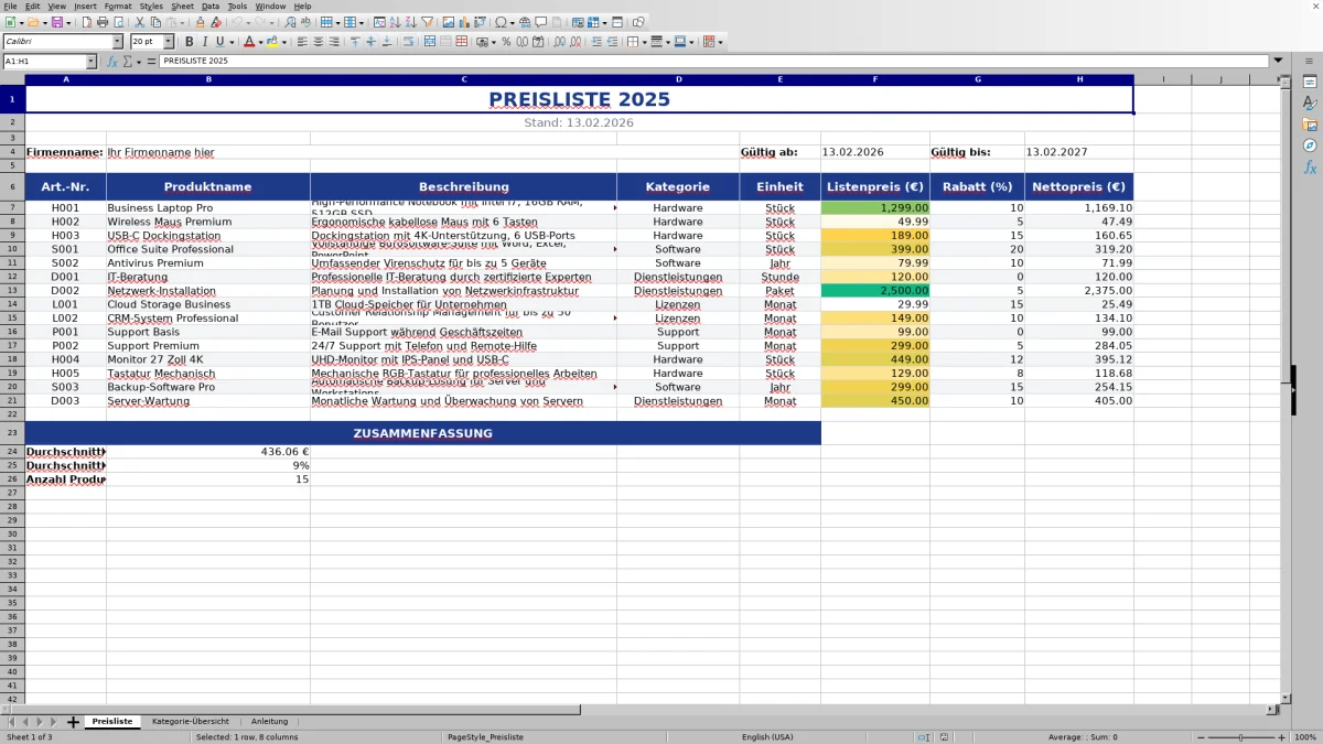 Abbildung 1: Tabellenblatt Preisliste - preisliste excel vorlage Excel-Vorlage
