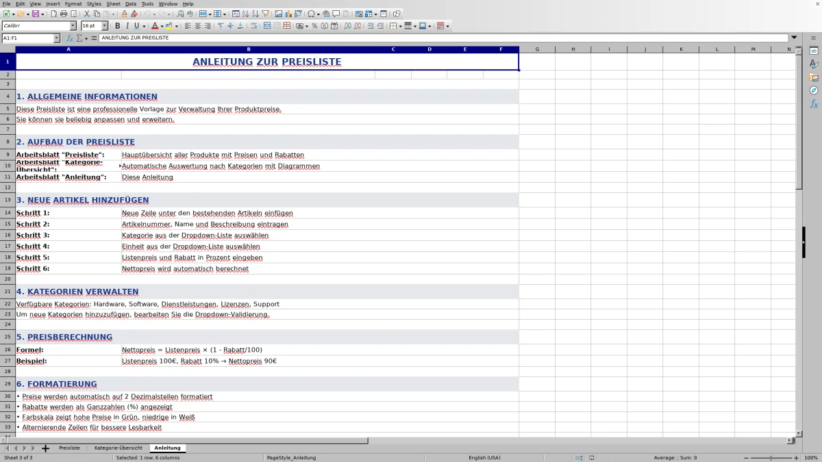 Abbildung 3: Tabellenblatt Anleitung - preisliste excel vorlage Excel-Vorlage