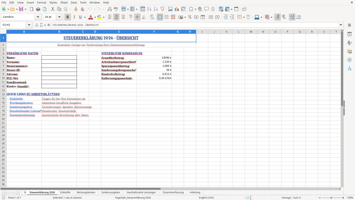 Abbildung 1: Tabellenblatt Steuererklärung 2026 - steuererklärung excel vorlage kostenlos Excel-Vorlage