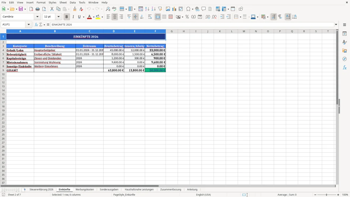 Abbildung 2: Tabellenblatt Einkünfte - steuererklärung excel vorlage kostenlos Excel-Vorlage
