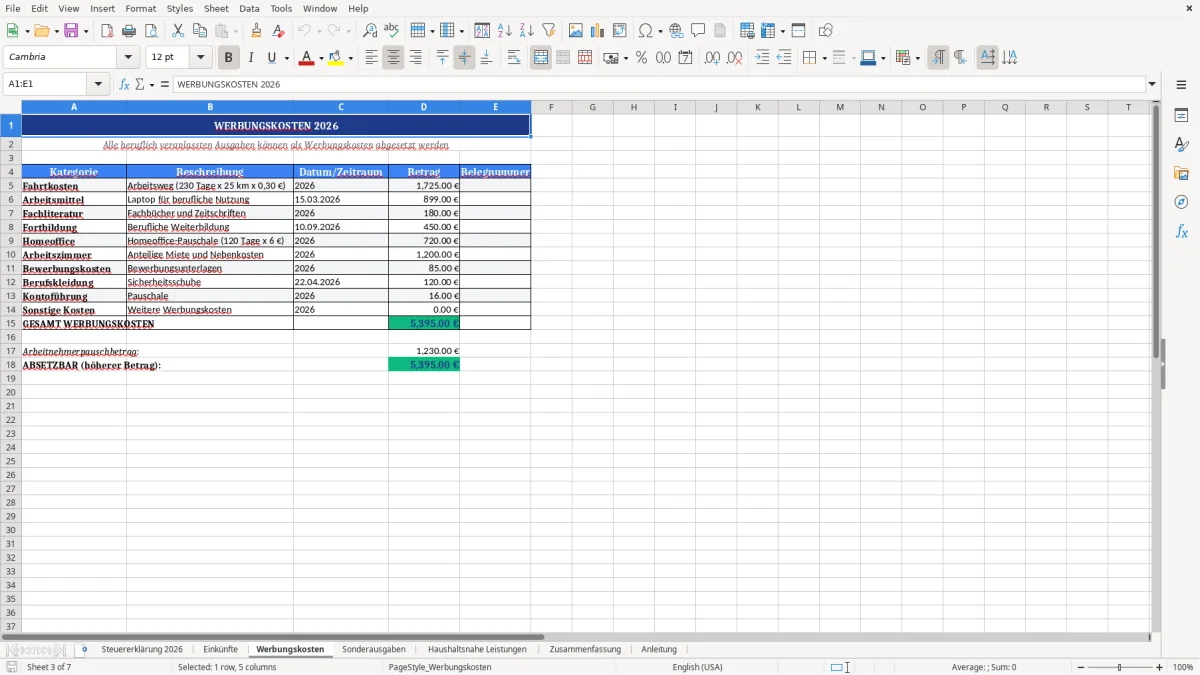 Abbildung 3: Tabellenblatt Werbungskosten - steuererklärung excel vorlage kostenlos Excel-Vorlage