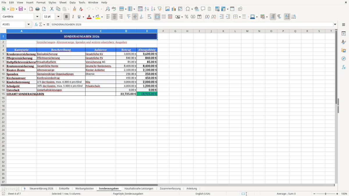 Abbildung 4: Tabellenblatt Sonderausgaben - steuererklärung excel vorlage kostenlos Excel-Vorlage