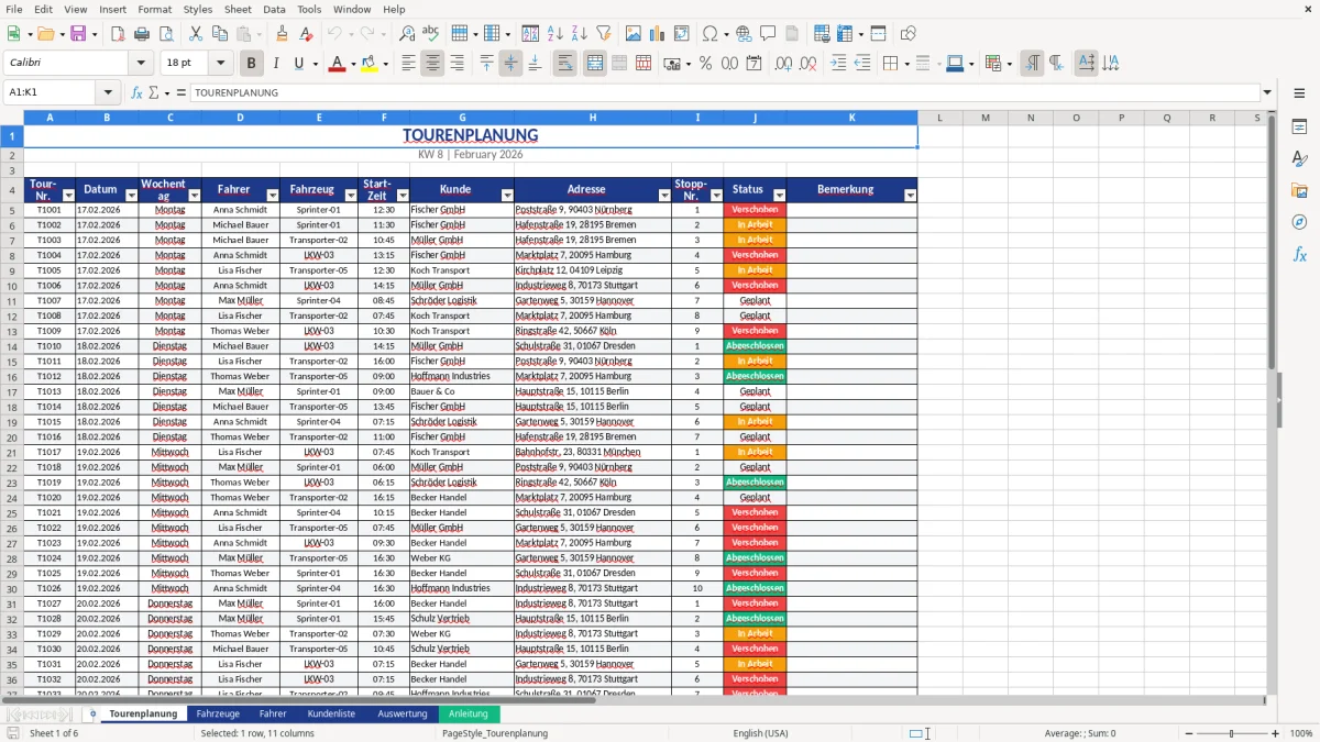 Abbildung 1: Tabellenblatt Tourenplanung - tourenplanung excel vorlage kostenlos Excel-Vorlage