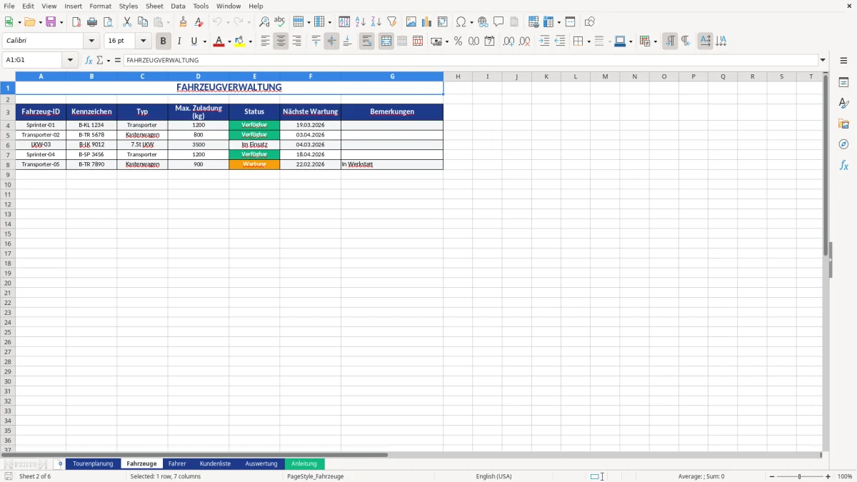Abbildung 2: Tabellenblatt Fahrzeuge - tourenplanung excel vorlage kostenlos Excel-Vorlage