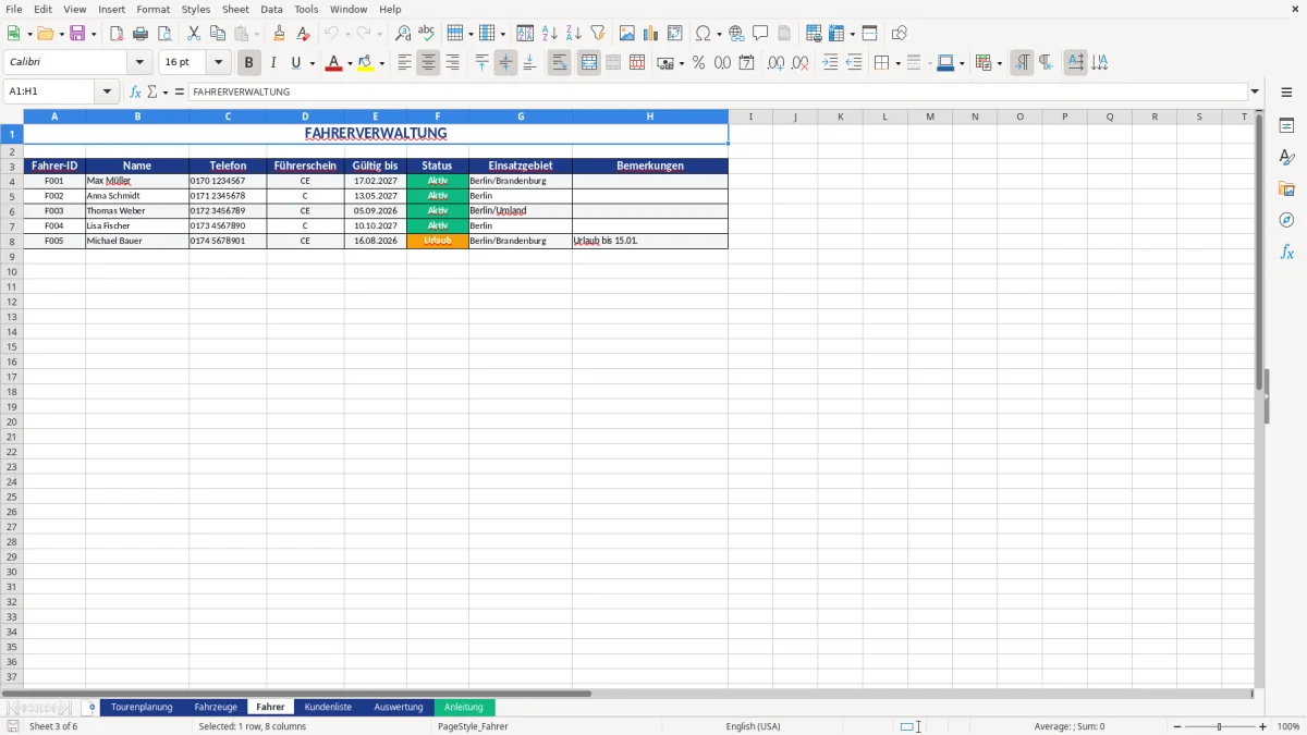 Abbildung 3: Tabellenblatt Fahrer - tourenplanung excel vorlage kostenlos Excel-Vorlage