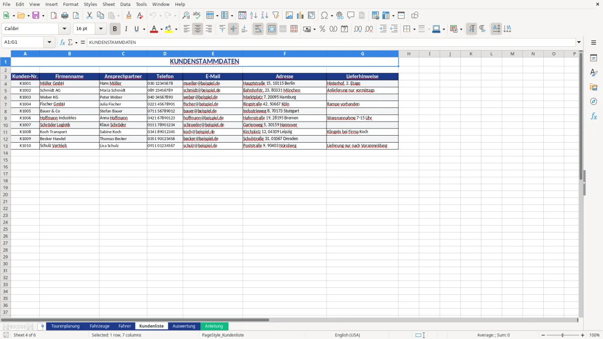 Abbildung 4: Tabellenblatt Kundenliste - tourenplanung excel vorlage kostenlos Excel-Vorlage
