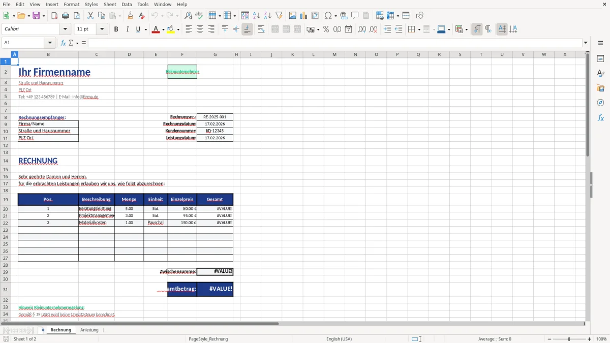 Abbildung 1: Tabellenblatt Rechnung - vorlage rechnung kleinunternehmer excel Excel-Vorlage