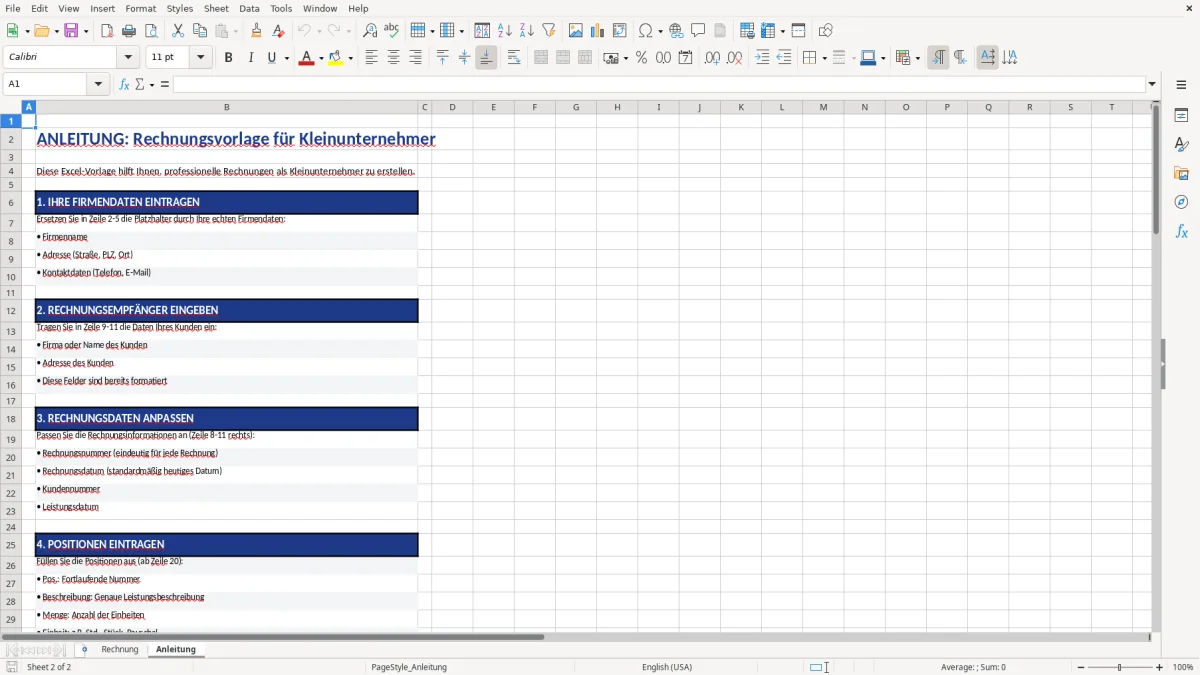 Abbildung 2: Tabellenblatt Anleitung - vorlage rechnung kleinunternehmer excel Excel-Vorlage