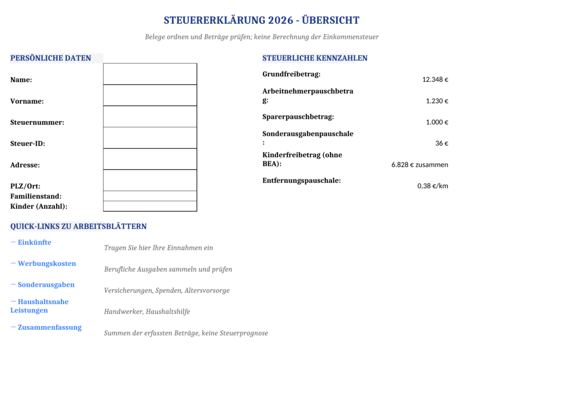 Steuererklärung 2026 – Vorschau der überarbeiteten Excel-Datei vom 8. Oktober 2026