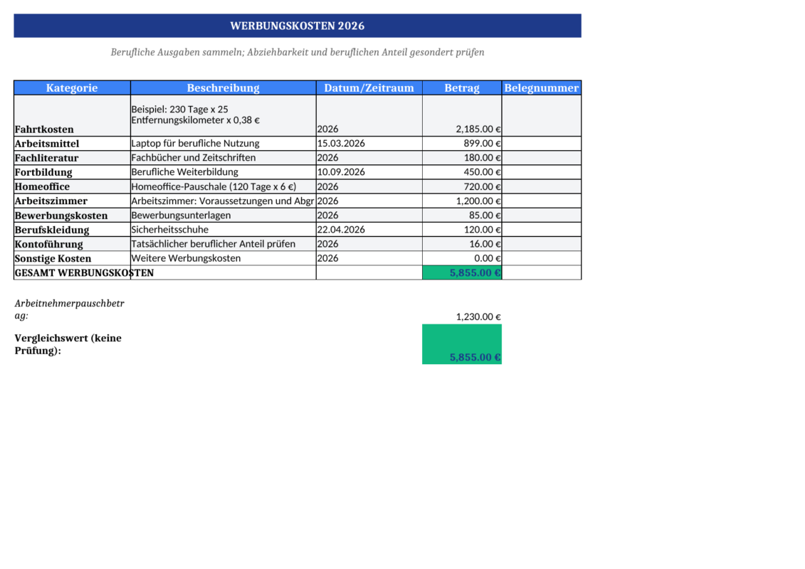 Werbungskosten – Vorschau der überarbeiteten Excel-Datei vom 8. Oktober 2026