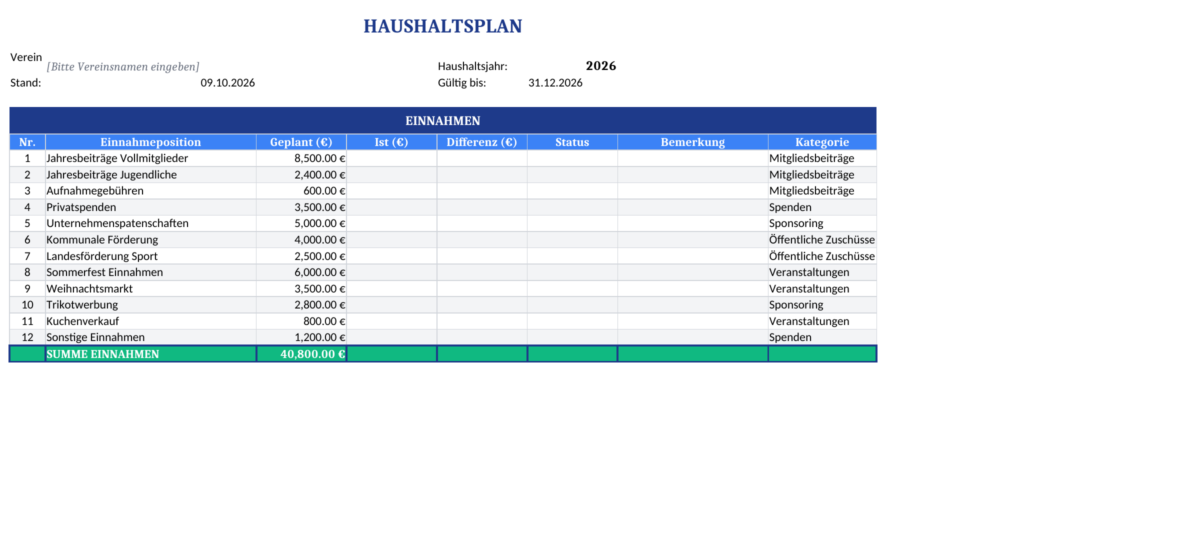 Einnahmenplanung — Vorschau der am 9. Oktober 2026 überarbeiteten Excel-Datei