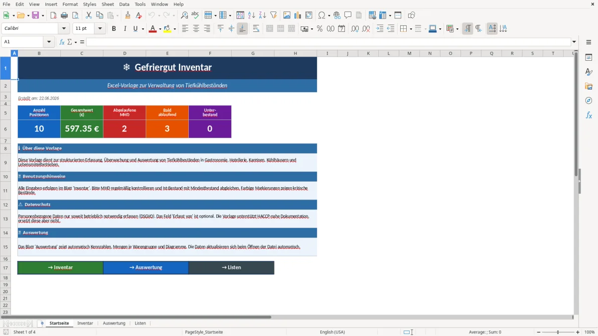 Abbildung 1: Tabellenblatt Startseite - Gefriergut Inventar Excel Vorlage kostenlos Excel-Vorlage