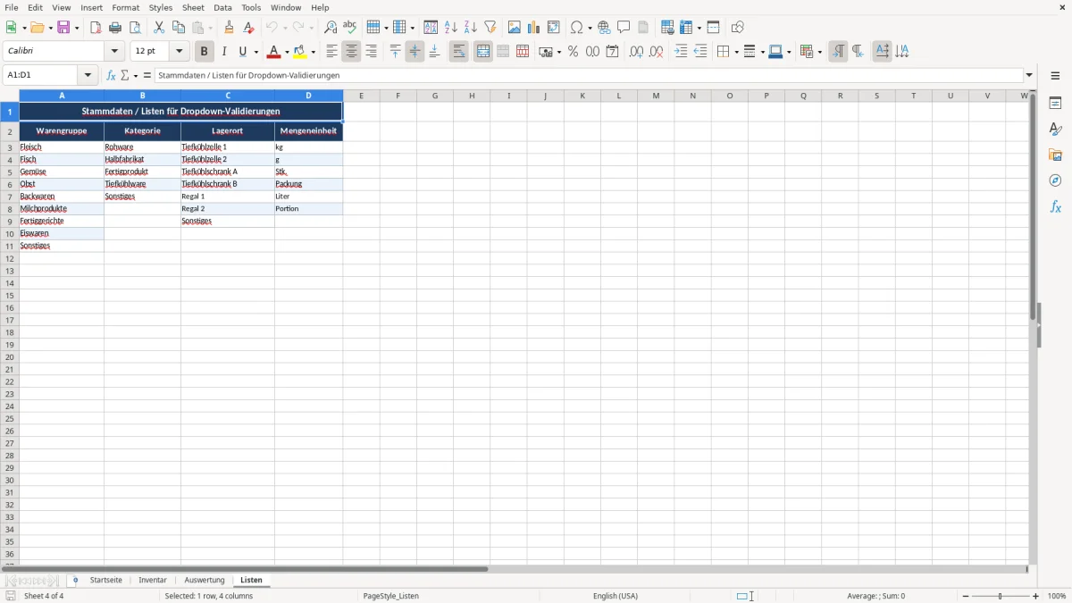 Abbildung 4: Tabellenblatt Listen - Gefriergut Inventar Excel Vorlage kostenlos Excel-Vorlage
